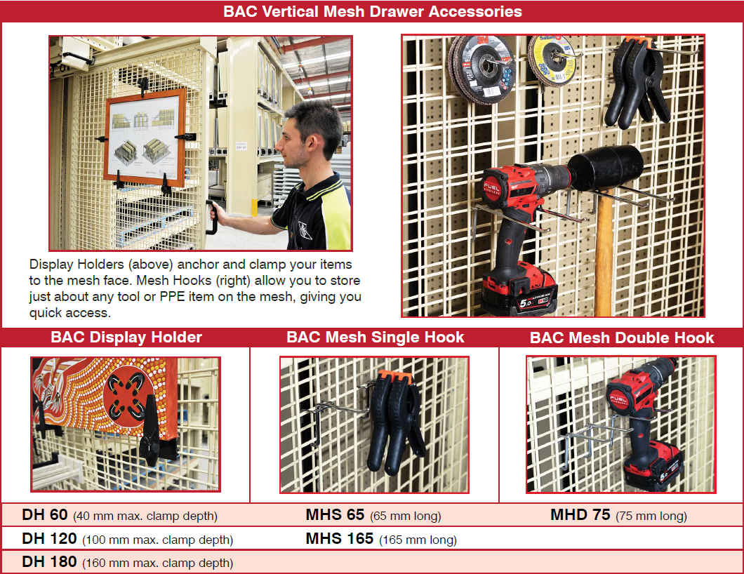 BAC Mesh Hooks and Display Holders for DM Series Vertical Mesh Drawers