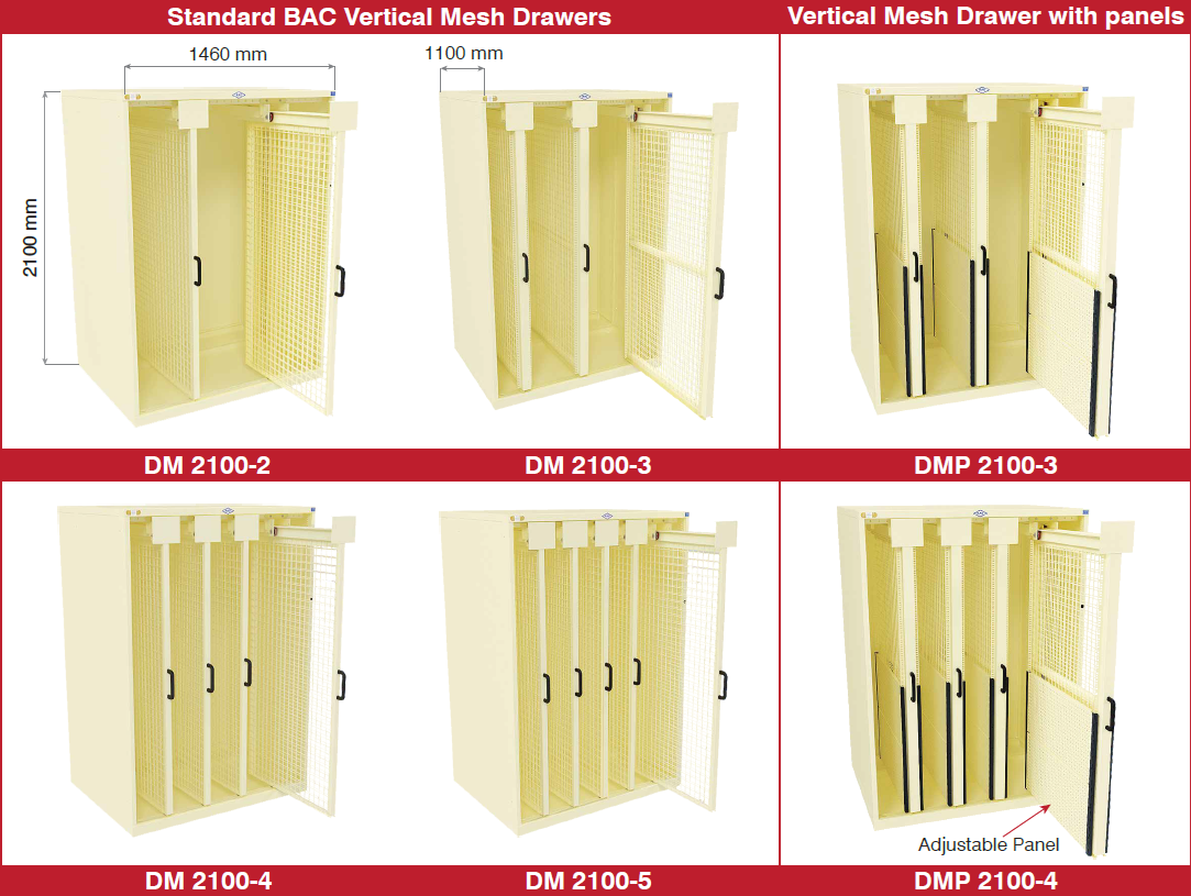 Standard DM Series Display Module Configurations - with longspan shelving and toolrack display panels with accessories