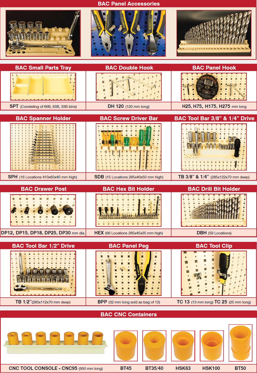 BAC Panel Accessories and CNC Tool Storage Accessories for DP Vertical Panel Drawer Modules