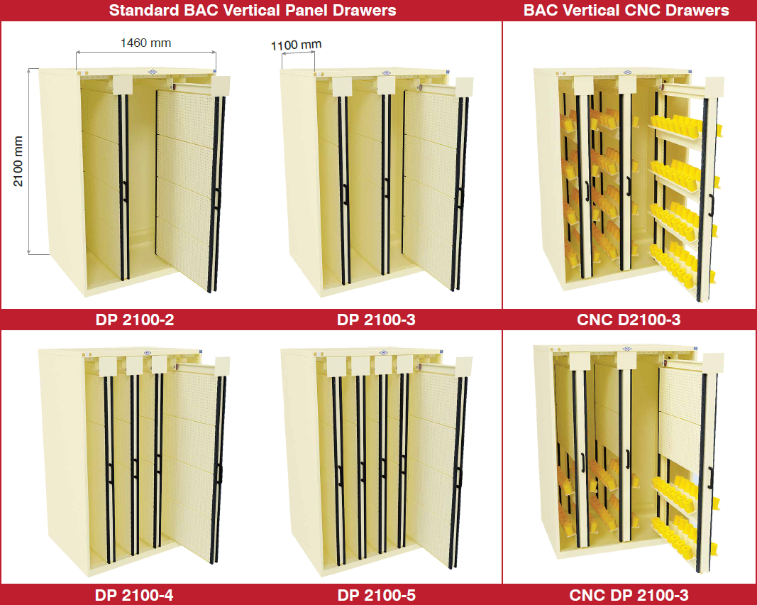 Standard DP Series Vertical Panel Drawer Module Configurations - with longspan shelving and toolrack display panels with accessories